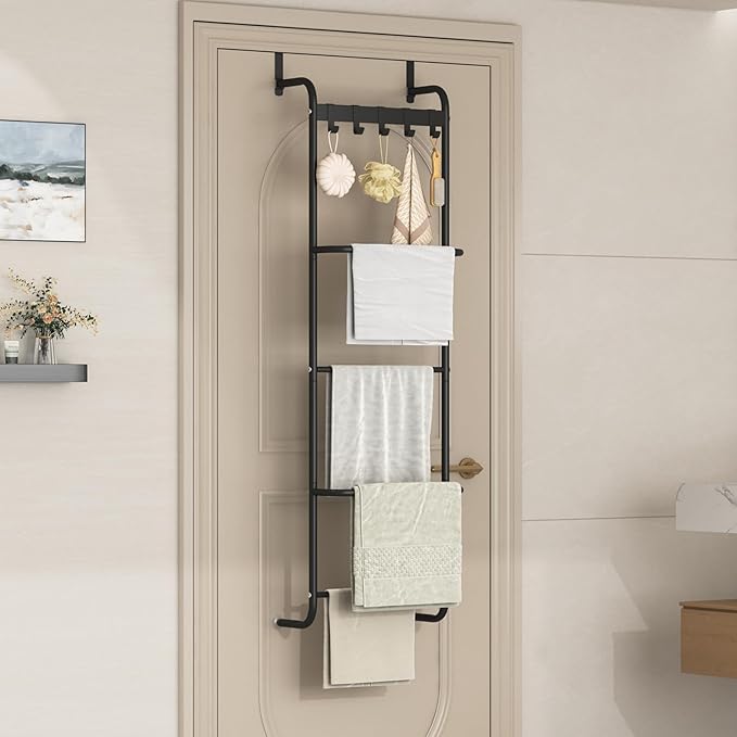5 Tier Over The Door Towel Racks for Bathroom Wet Towel Drying Rack Clothing Storage Holder with Hooks (Black, 5 Tier)