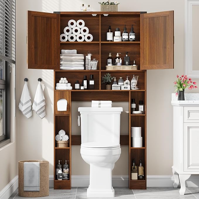 Vabches Over The Toilet Storage Cabinet, Farmhouse Storage Cabinet Over Toilet with 2 Barn Doors ，Toilet Paper Holder Stand，Home Space-Saving Toilet Rack, for Laundry, Restroom, Bathroom.Caramel.