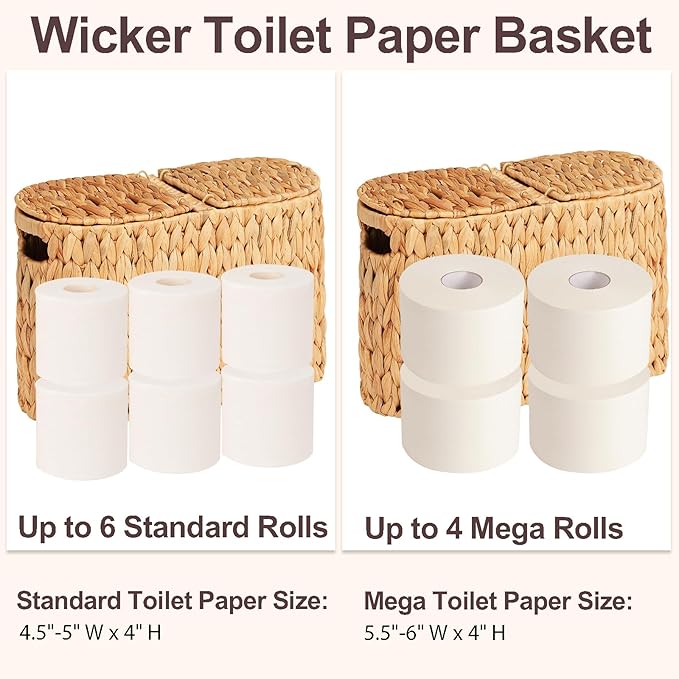 FairyHaus Wicker Toilet Paper Storage Basket with Lid & Handles, 6 Rolls Handwoven Toilet Paper Holder with Storage, Natural Water Hyacinth Toilet Paper Holder Stand Basket for Bathroom