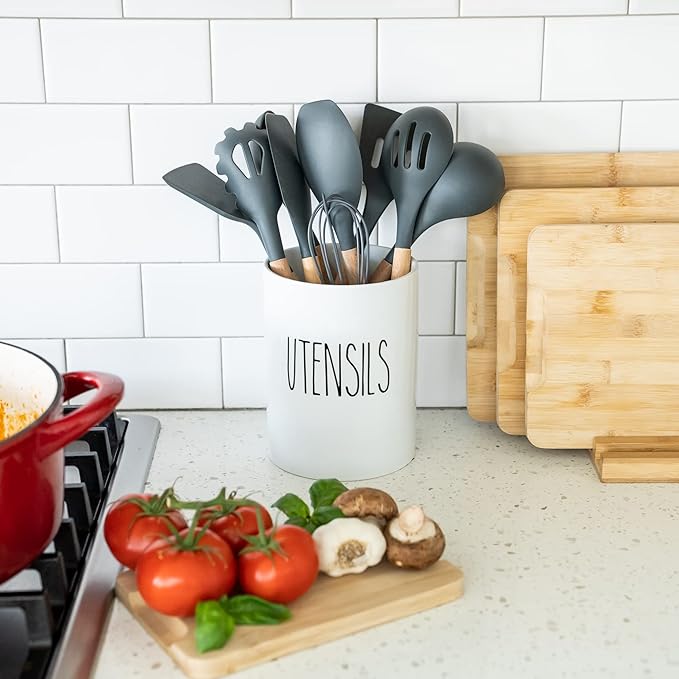 Heartland Home Kitchen Utensil Holder for Countertop. White Porcelain Cooking Large Spatula Holder and Cooking Spoon Holder. White Kitchen Decor and Farmhouse Gifts.