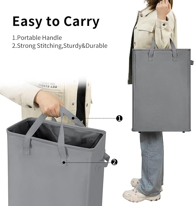 ZERO JET LAG Slim Laundry Hamper With Handles Collapsible Laundry Basket Thin Dirty Clothes Basket Narrow Laundry Bag Foldable Dirty Cloth Hamper 45L (23 inches,Grey)
