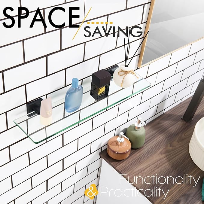 KOKOSIRI Bathroom Shelves Wall Mount Tempered Glass Floating Shelf 20-Inch Kitchen Hanging Rack Shower Storage, 2 Pack Black Stainless Steel B1107BK-L20-P2