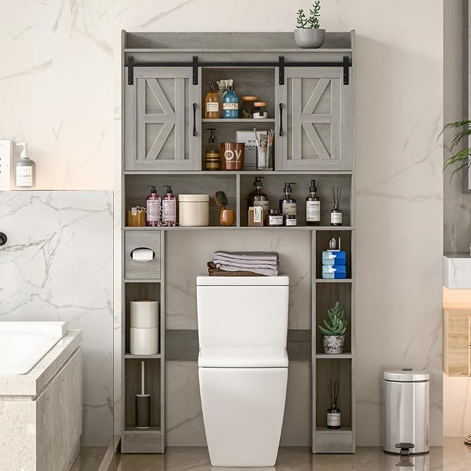 Vabches Farmhouse Storage Cabinet Over Toilet with Sliding Doors，Over The Toilet Storage Cabinet, Home Space-Saving Toilet Rack, for Bathroom, Restroom, Laundry