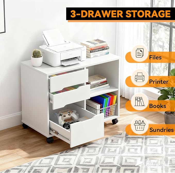 FDW 3 Drawer Lateral File Cabinet Mobile File Cabinet with Open Storage Shelves Office Printer Stand & Under-Desk Organizer with Wheels for Home Office,White