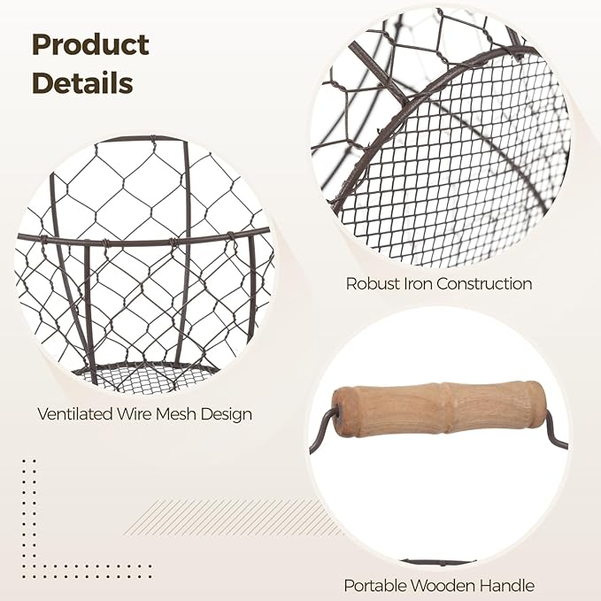 2 Pcs Wire Egg Baskets, Farmhouse Chicken Egg Collecting Baskets, Rustic Metal Egg Storages with Wooden Handle, Stackable Fresh Holders for Fruits, Vegetables, Sundries