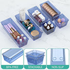 WOWBOX 9 Pack Clear Drawer Organizer Set, Acrylic Drawer Storage Trays, Storage Bins for Makeup, Cosmetics, Jewelries, Utensils, Gadgets, Office, Dark Blue