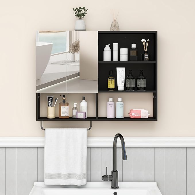 Medicine Cabinet, Wooden Bathroom Wall Cabinet with 2 Doors, Adjustable Shelves & Towel Bar, Over Toilet Storage Cabinet Wall Mounted for Laundry with Mirror, Black