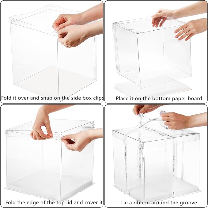 6 Pcs Clear Cake Box with Ribbon 2-Layer 10x10x10 Inch, Transparent Cake Carrier Box with Lids, PET Tall Cake Packaging Boxes, Clear Gift Boxes for Mother's Day Birthday Wedding Festival Party