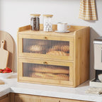 Kitsure Bread Box - 2-Tier Bamboo Bread Box for Kitchen Countertop, Bread Storage Container with Magnetic Acrylic Door, Pantry Organizers and Storage for Loaves, 15" x 9.8" x 13.2", Natural