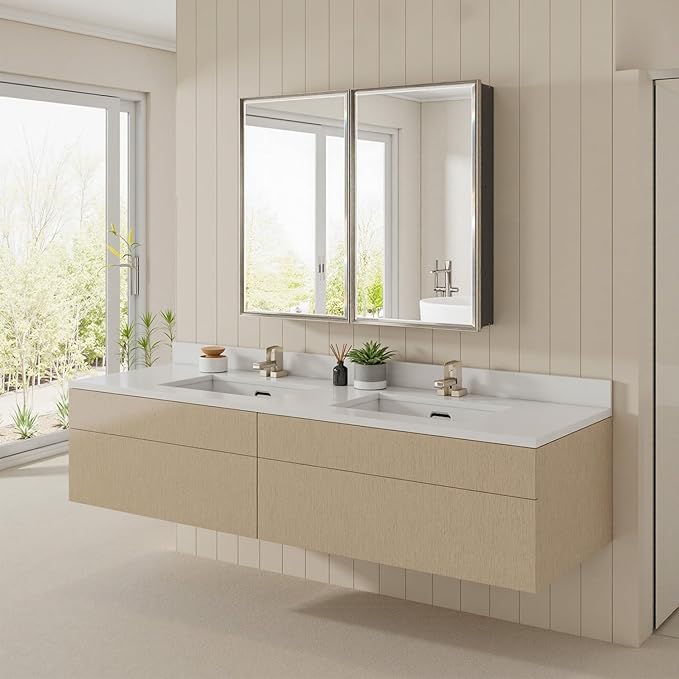 Pre-Assembled Surface or Recessed Medicine Cabinet Mirror-40x30 Brushed Nickel Bathroom Medicine Cabinet with Mirror & Rustproof Aluminum Frame, Beveled Bathroom Vanity Mirror with Storage