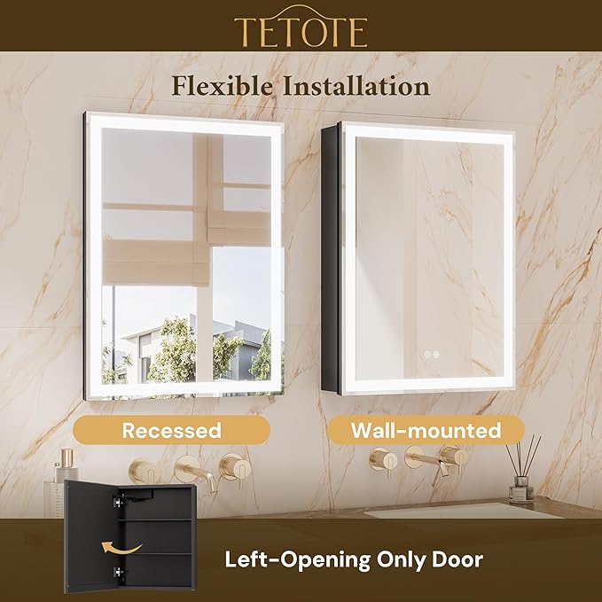 TETOTE 24 x 32 LED Bathroom Medicine Cabinet with Adjustable Shelves, Black Aluminum Cabinet, Anti-Fog Stepless Dimmable 3 Colors White/Warm/Natural, Easy to Install(Wall Mount/Recessed)