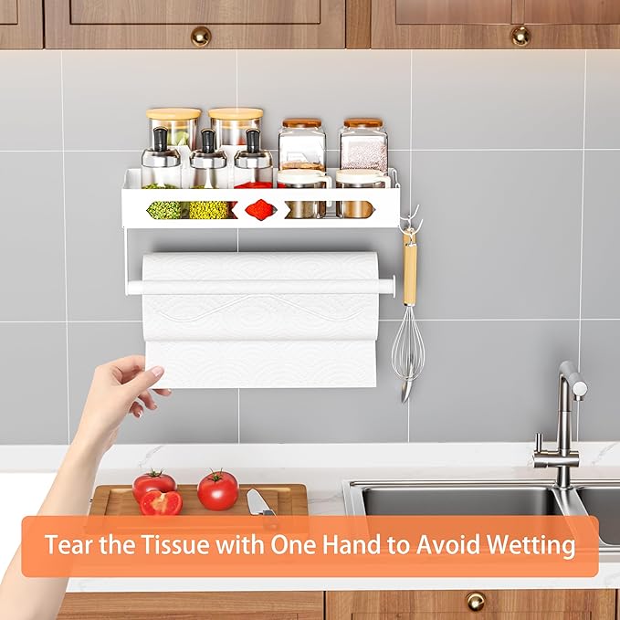 Paper Towel Holder with Shelf, One Hand Tear, Paper Towel Holder Wall Mount with 2 Detachable Hooks for Kitchen, Bathroom, White