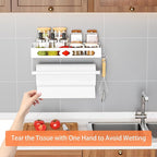 Paper Towel Holder with Shelf, One Hand Tear, Paper Towel Holder Wall Mount with 2 Detachable Hooks for Kitchen, Bathroom, White