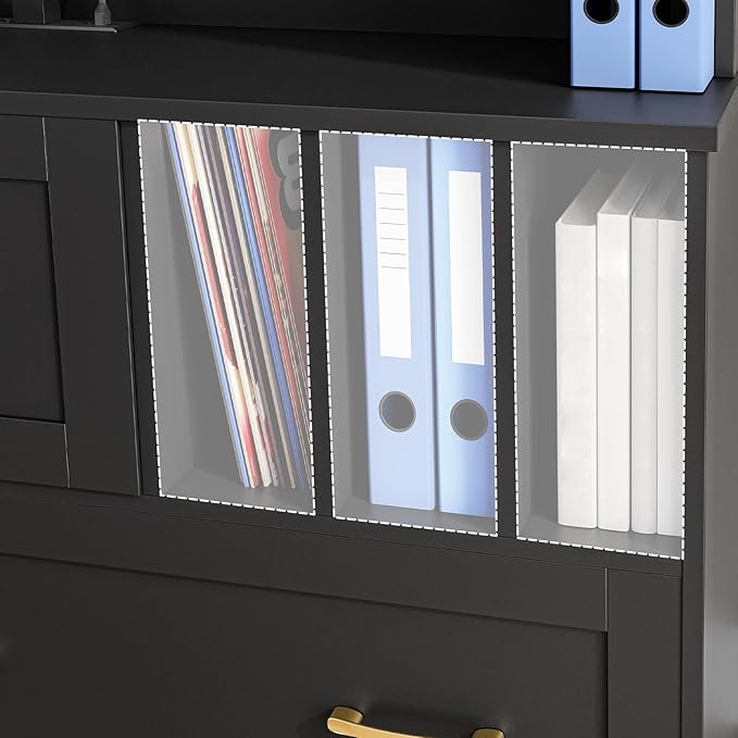 HOOBRO 2 Drawer File Cabinet with Charging Station, LED Lights, and Bookshelf, Farmhouse Filing Cabinet with File Holder Organizer, Fits Letter, Legal, A4 Size, Vertical, for Home Office, Black