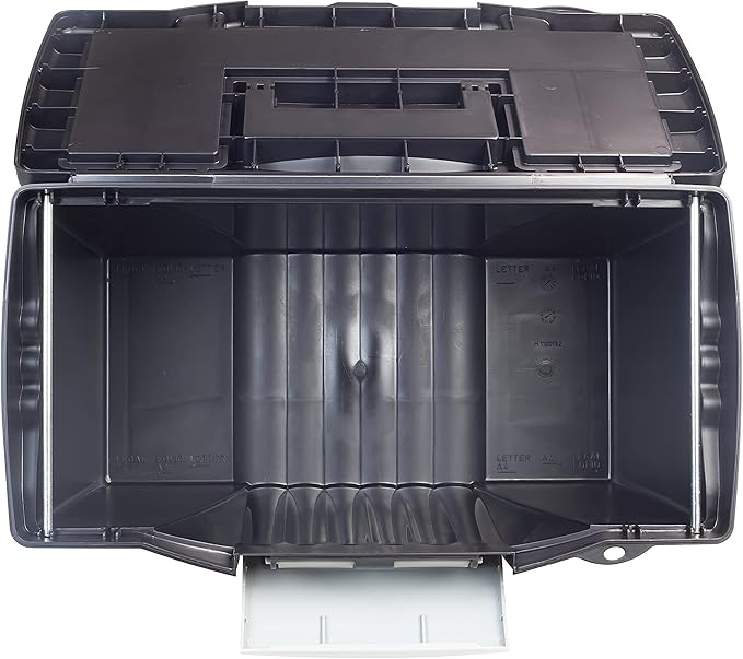 Storex Legal File Box with Organizer Lid – Plastic Office File Storage Box for Letter and Legal Hanging Folders, Obsidian, 1-Count (61510A01C)
