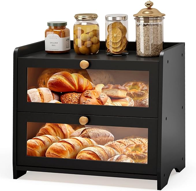 Large Bread Box for Kitchen Countertop, Double Layer Breadbox Bread Container Storage with Acrylic Door, Wooden Farmhouse Bread Holder (Black, Large-16.54" L x 9.84" W x 14.96" H)