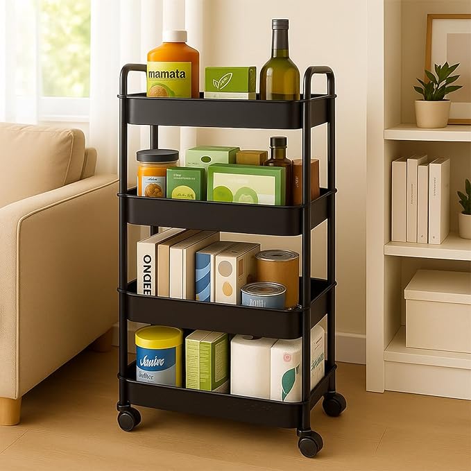 ShellKingdom 4 Tier Bathroom Storage Organizer, Toilet Paper Holder, Slim Rolling Storage Cart for Narrow Space with Handle, Mobile Shelving Unit for Bathroom, Kitchen, Laundry (Black)