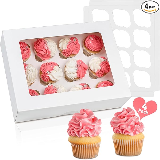 12 Count Cupcake Boxes, 4 Pack Auto-Popup White Cupcake Containers with Window and Inserts Cupcake Carrier with Holders to Fit Dozen Cupcakes and Muffins