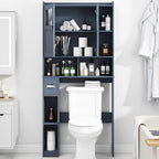 Vabches Over The Toilet Storage Cabinet, Bathroom Shelf Over Toilet with Glass Doors and Adjustable Shelves, Navy Blue Freestanding Home Space Save Toilet Rack, for Restroom, Bathroom, Laundry