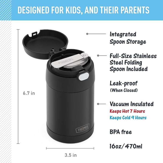 THERMOS FUNTAINER Insulated Stainless Steel Food Jar, 16 Ounce, Kids Lunch with Foldable Spoon, Push-Button Lid, Matte Black