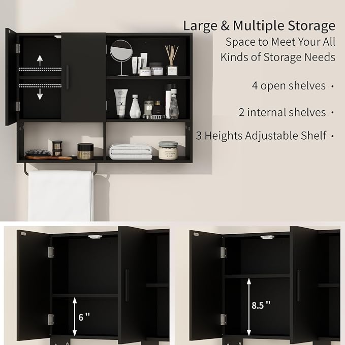 Medicine Cabinet, Wooden Bathroom Wall Cabinet with 2 Doors, Adjustable Shelves & Towel Bar, Over Toilet Storage Cabinet Wall Mounted for Kitchen & Laundry, Black