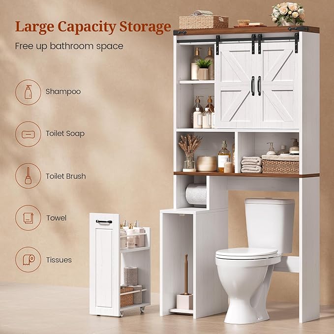 Farmhouse Over The Toilet Storage Cabinet with Pulley, Slide Barn Doors Bathroom Storage Cabinet, Space Saver W/Adjustable Shelf & Open Shelf for Bathroom, Restroom, Laundry (White Brown-Type A)