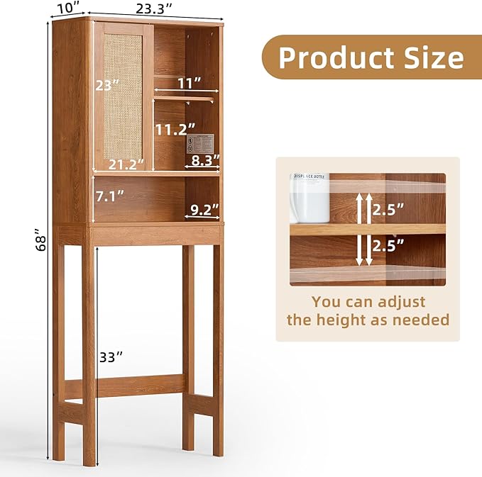 LEYAOYAO Over The Toilet Storage Cabinet with Rattan Sliding Door, 68" Tall Wood Above Toilet Bathroom Organizer w/Adjustable Shelf & Curved Profile, Space Saver Freestanding Washer Shelf