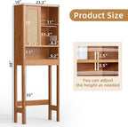 LEYAOYAO Over The Toilet Storage Cabinet with Rattan Sliding Door, 68" Tall Wood Above Toilet Bathroom Organizer w/Adjustable Shelf & Curved Profile, Space Saver Freestanding Washer Shelf