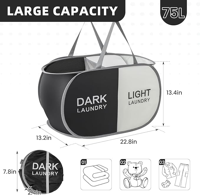 Collapsible Laundry Basket Durable Pop Up Hamper with 2 Compartments for Sort and Storage, Portable Dirty Clothes Hamper for Dorm, Laundry Room or Travel (Black + Begie)