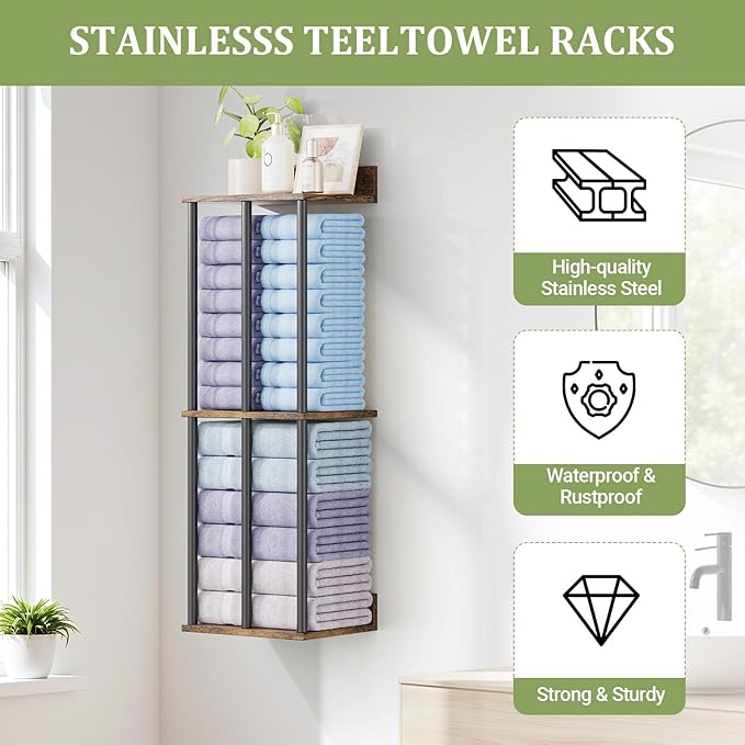 Large Capacity Three-Layer Towel Racks for Bathroom Wall Mounted, Updated 3 Bar Towel Holder for Bath Wall, Bath Towel Rack for Bathroom Wall, Metal Small Bathrooms Towel Storage Rack, Rustic