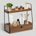 2-Tier Bathroom Organizer Countertop with Drawer, Wood Counter Organizer for Bathroom Decor, Sink Shelf for Vanity Storage, Makeup Tray for Perfume Skincare Bedroom Kitchen Corner