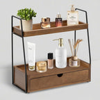 2-Tier Bathroom Organizer Countertop with Drawer, Wood Counter Organizer for Bathroom Decor, Sink Shelf for Vanity Storage, Makeup Tray for Perfume Skincare Bedroom Kitchen Corner
