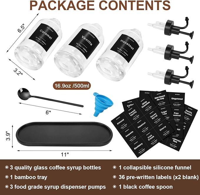Coffee Syrup Dispenser for Coffee Bar, 16.9oz 500ml Glass Syrup Dispenser w Black Coffee Scoop, Coffee Syrup Pump Dispenser w 36 Labels and Bamboo Tray, Coffee Syrup Bottles with Black Pump, 3PCS