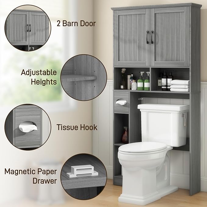 Over The Toilet Storage Cabinet, Farmhouse Storage Cabinet Over Toilet with Barn Door& Toilet Paper Holder Stand，Home Space-Saving Toilet Rack, for Bathroom, Restroom, Laundry.Wash Gray