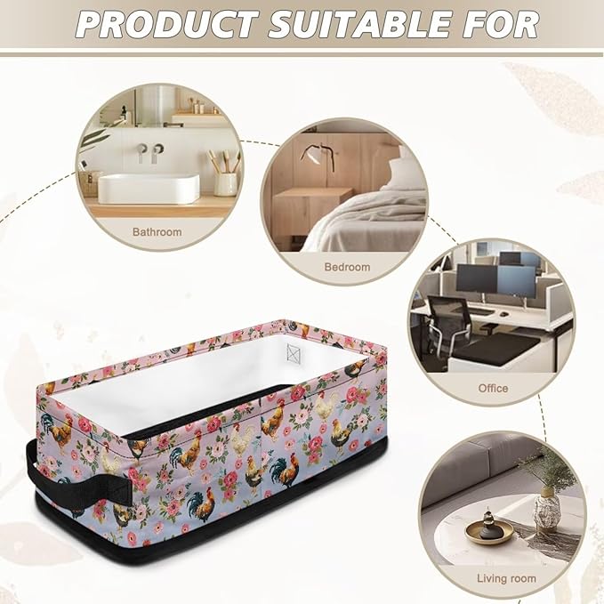 Fabric Storage Bin for Organizing Small Household Items Storage Basket Rectangular Toilet Paper Towels Holder for Bathroom Living Room Decor, Chicken Rooster Rose Pink Blue Gradient