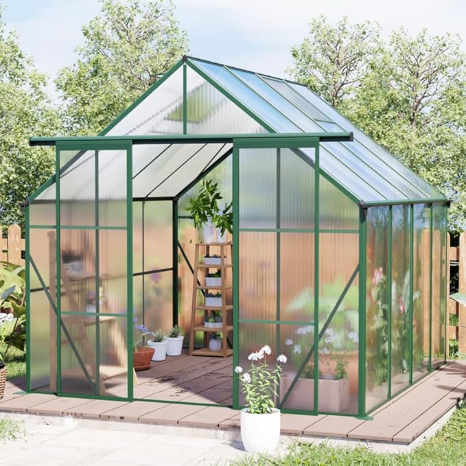 Heavy-Duty Walk-in Polycarbonate Greenhouse with Dual Sliding Doors, Adjustable Roof Ventilation, and Galvanized Steel Base for Year-Round Outdoor Gardening (Green 8*8FT)