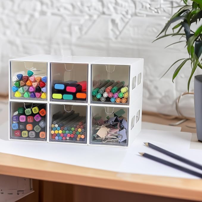 Drawer Organizer Desktop Office Supplies Desk Organizer and Storage Stationary Make Up Jewelry Pen Storage Drawer, Clear Accessories Makeup Organizer Countertop Storage (White, 6 Pack)