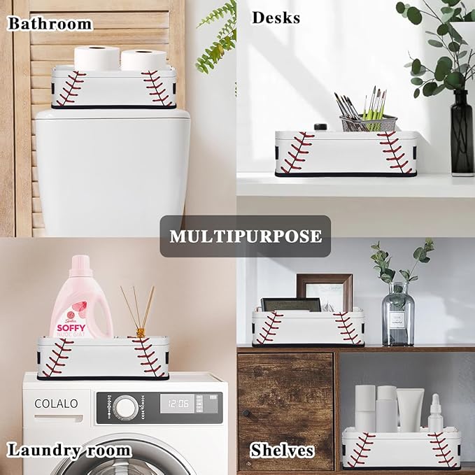 Baseball Small Bathroom Basket Toilet Tank Topper Paper Basket, Sport Themed Softball Baseball Fabric Storage Organizer Bin Small Baskets Decor for Bathroom Counter, Shelf, 2 Pack