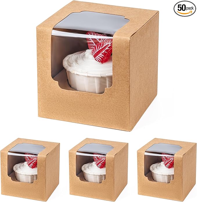 BOOMIBOO 50 Pack Individual Cupcake Containers, Cupcake Boxes with Window, Food Grade Cupcake Holders with Inserts, Stackable Deep Cupcake Carrier Easy Transport and Presentation (Brown)