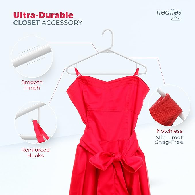 Neaties Plastic Hangers 20 Pack - Made in the USA - 6lb Capacity Standard Clothes Hangers with Strap Hooks for Dresses, Lingerie, Shirts, Pants, and Jackets - White & Blue