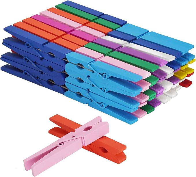 Colored Wooden Clothes Pins, Rainbow Colors 50 Pack, 2.9 Inch, 5 PCS Per Color, Large Natural Birchwood Rust, Moisture Resistant Clothes Pegs, Colorful Heavy Duty Wooden Clothespins,Clothes Pin