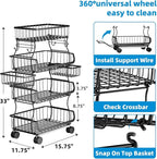 Simple Trending 4 Tier Rolling Cart, Stackable Fruit Vegetable Basket with Wheels and 2 Hanging Basket, Kitchen Storage Metal Wire Basket Stand for Vegetable Snacks, Black