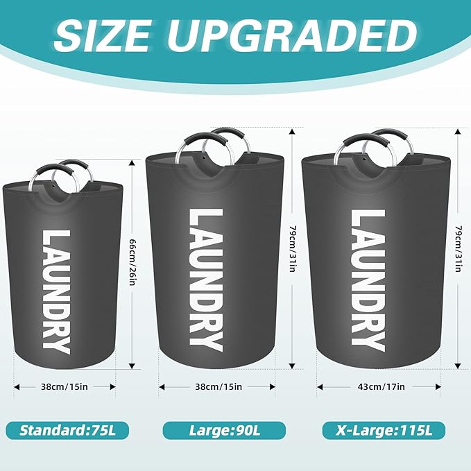 StorageRight 115L Large Laundry Basket, Laundry Hamper, Dirty Clothes Hamper for Laundry, Collapsible, Waterproof Laundry Baskets with Foam Protected Aluminum Handles for Laundry, Dorm, Family (Grey)