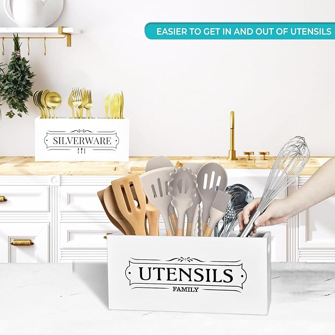 Kitchen Utensil Holder Set - Extra Large Wooden Countertop Organizer for Cooking Utensils, Cutlery and Flatware, Farmhouse Kitchen Decor, Silverware Caddy for party (White, Large)