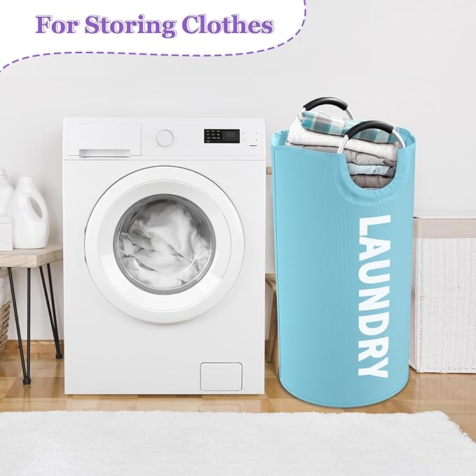 95L Foldable Blue Laundry Basket with Handles, Big Clothes Hamper for Bedroom, Dirty Clothes Basket Stand Upright, Portable Laundry Bag for Dorm, Nursery, Family, Blue