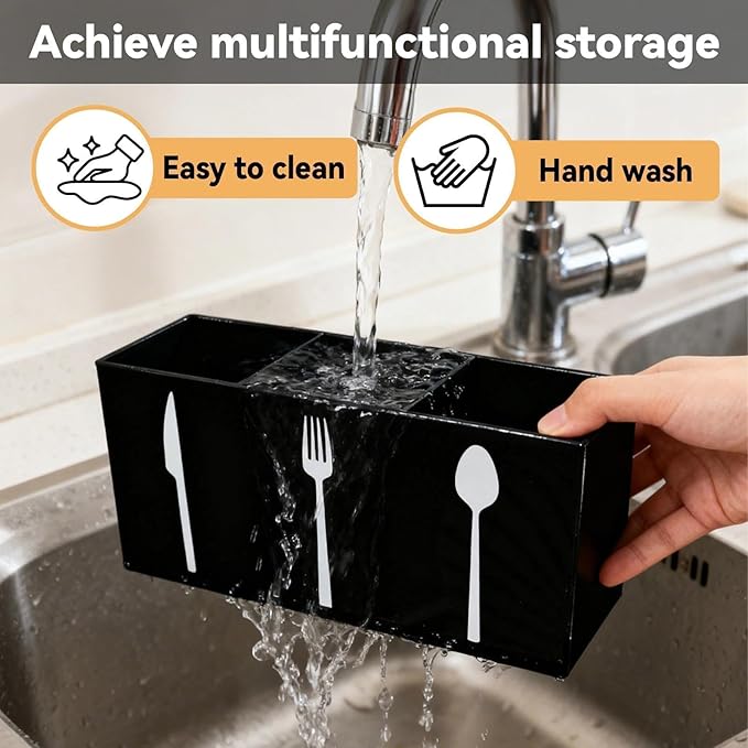 Utensil Holder,Kitchen Countertop Organizer,Silverware Organizer,3 Compartments Silverware Caddy,Plastic Utensil Holder, Large Capacity Cutlery, Spoon, Fork, and Knife Rack（Black）