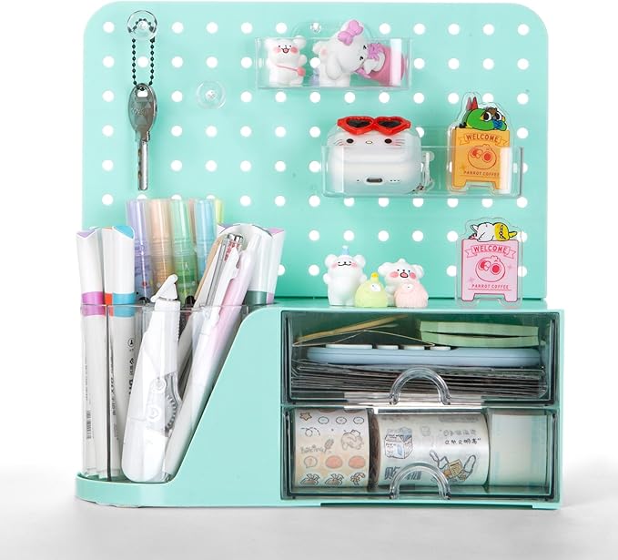 Comix Desk Organizer with 2 Drawer, Multifunctional Pen Holder for Desk, Desktop Organizer with Pegboard + Drawer + 5 Slots Pencil Holder for Office Home Art Supplies (Green)