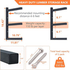 Lumber Rack Wood Storage Racks with 3 Level, Garage Wood Organizer Lumber Storage Rack, Workshop Organizers and Storage Wood Wall Shelving Wall Mounted, Lumber Metal Racks for Indoor (Black-6 Pack)