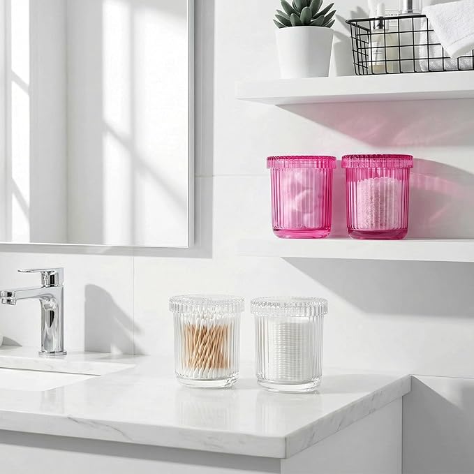 2 Pack Qtip Holder - Apothecary Jars with Lids, Bathroom Organizers and Storage Canister for Cotton Balls,Swabs,Floss Picks,Hair Ties,Clear Glass Vintage Bathroom Decor Jar Set (Pink2)