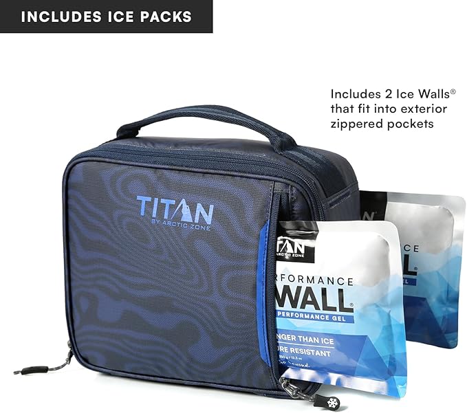 Titan by Arctic Zone Fridge Cold Lunch Box with 2 Gel Ice Packs, Small Insulated Cooler Bag with Leak Proof Lining for School and Work, Dark Wave